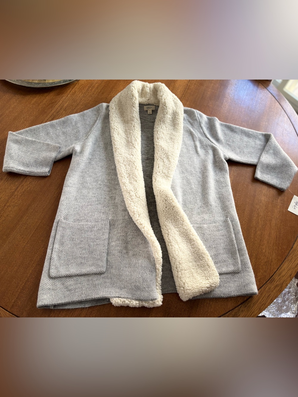 Style & Co Gray Knit Cardigan with Cream Sherpa Trim
